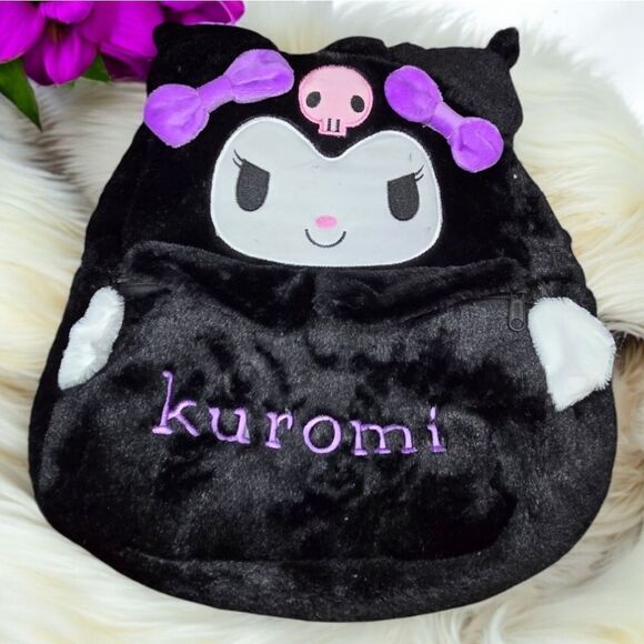 Hello Kitty Backpack Kuromi Embroidered Plush Furry Black 15" Book Bag Sanrio - Picture 2 of 14